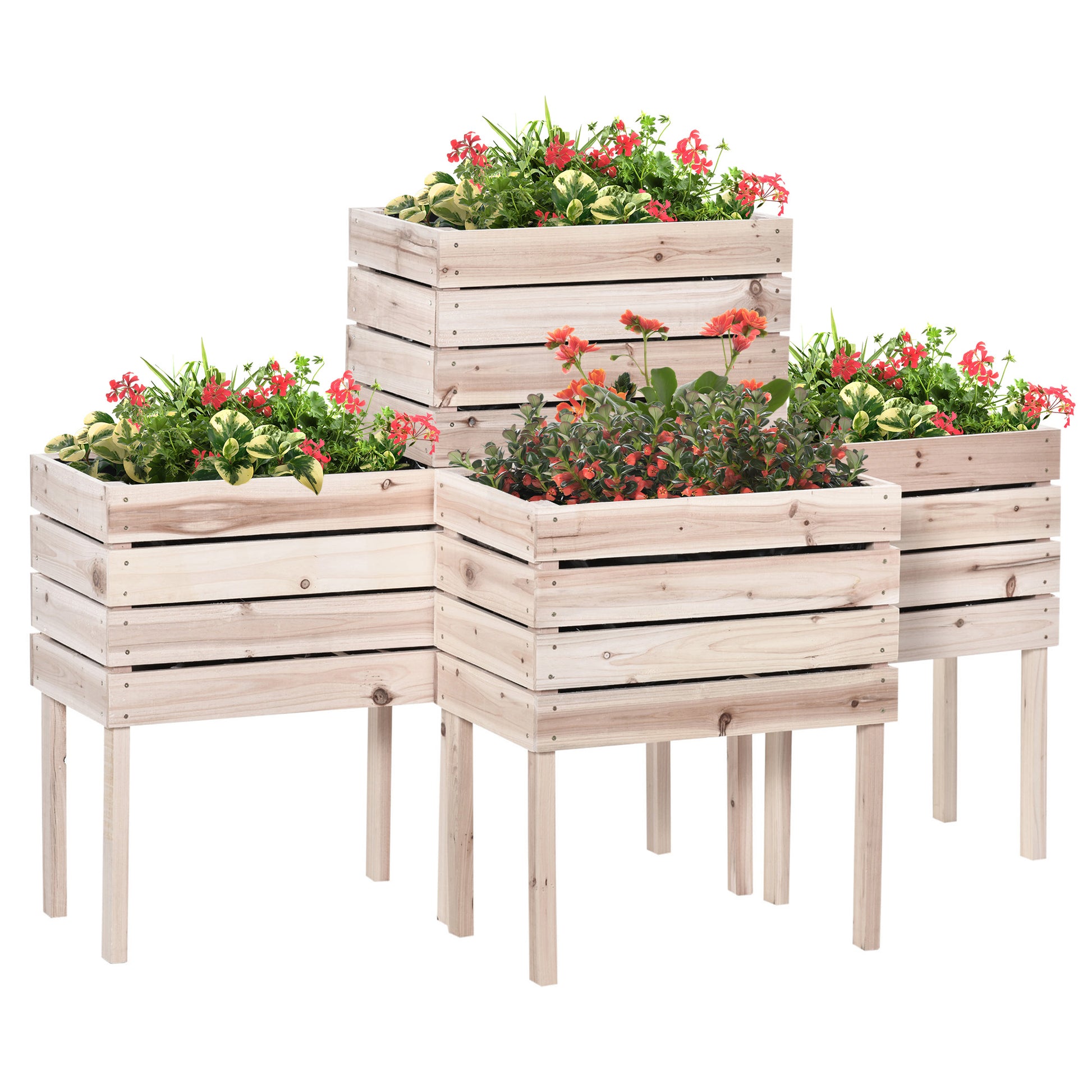 Outsunny 4Pcs Raised Garden Bed, Wooden Elevated Planter Box Kit With Bed Liner, Diy Shape, For Flowers Vegetables Natural Wood Wood