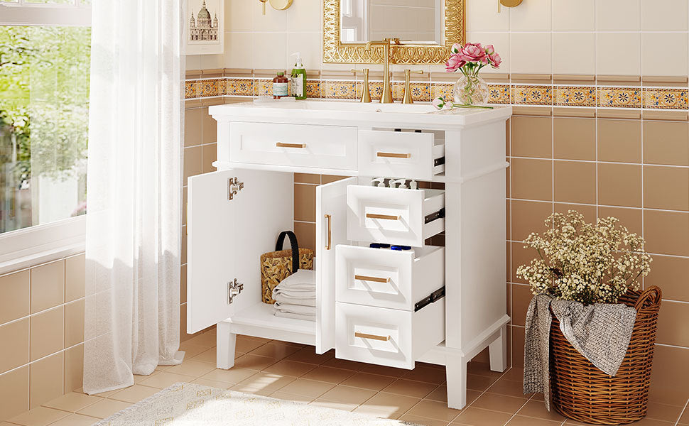 36 Inch Bathroom Vanity With Resin Sink, Modern Bathroom Cabinet In White,Featuring Two Soft Close Doors And Four Drawers White Bathroom Solid Wood Mdf Resin