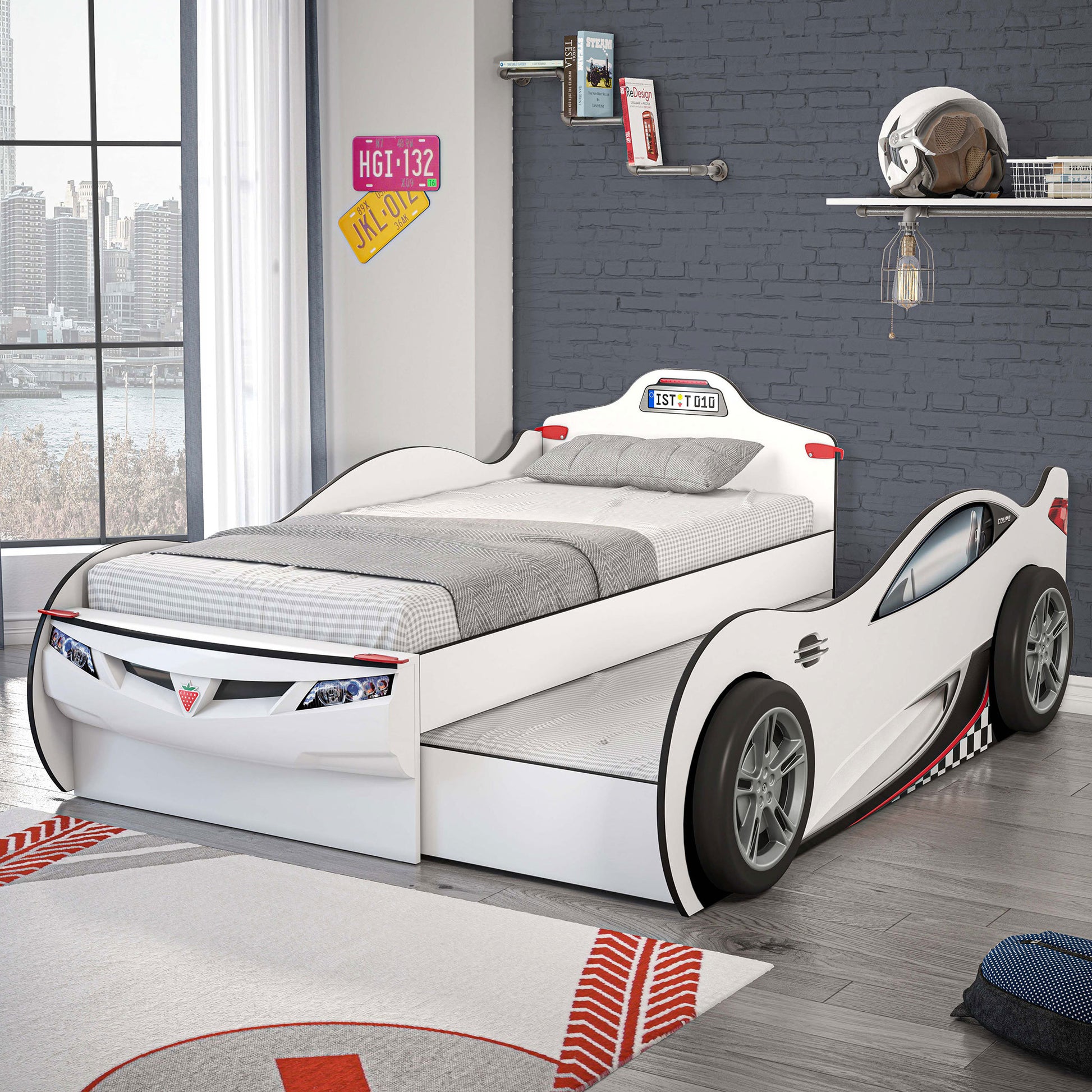 Coupe Twin Race Car Bed W Trundle, White White Particle Board