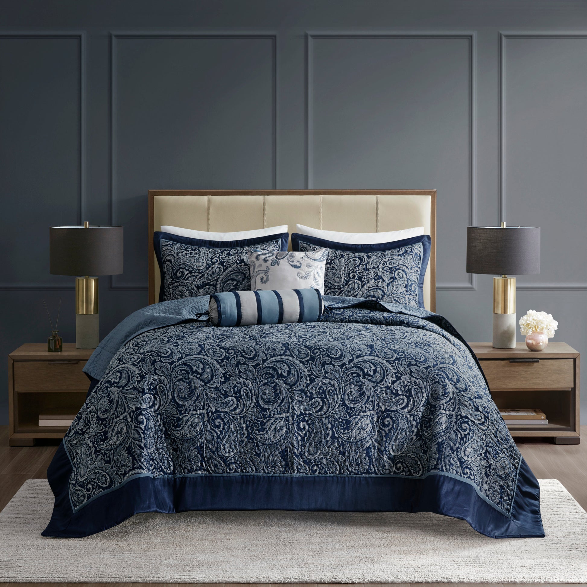5 Piece Jacquard Bedspread Set With Throw Pillows Navy Queen Queen Navy Cotton