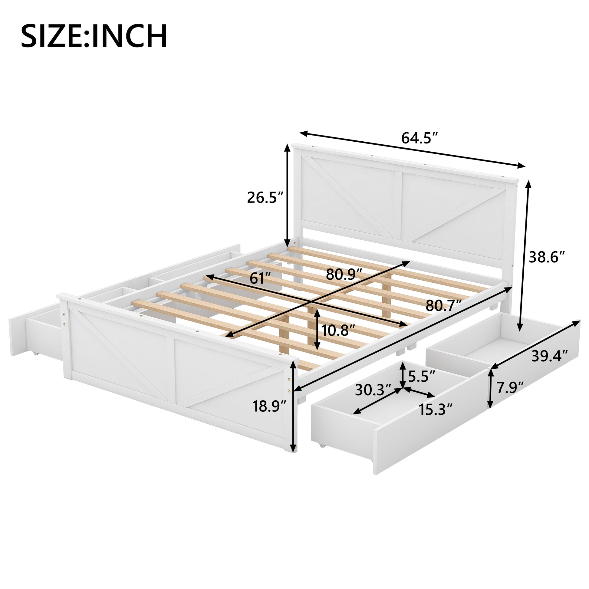 Queen Size Wooden Platform Bed With Four Storage Drawers And Support Legs, White Queen Antique White Pine