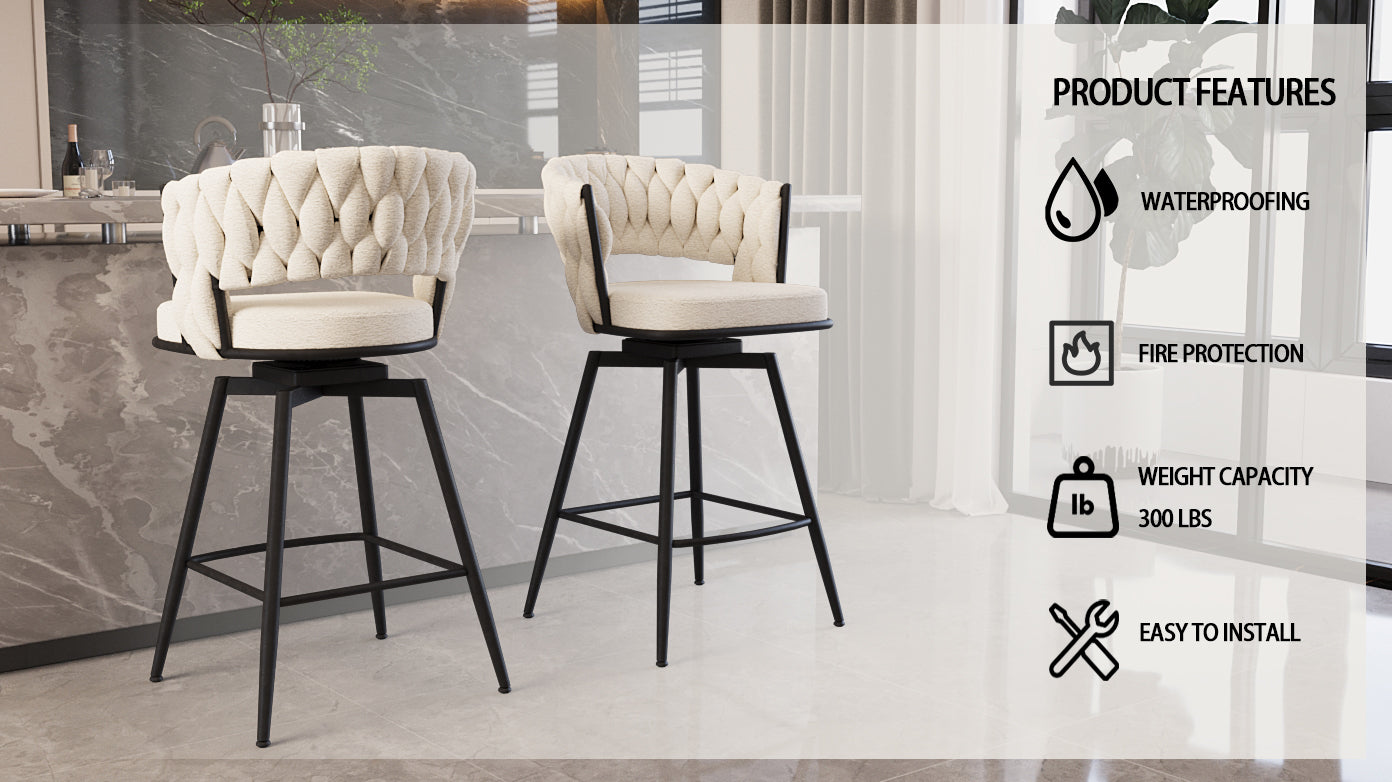 Bar Chair Toweling Woven Bar Stool Set Of 2,Black Legs Barstools No Adjustable Kitchen Island Chairs,360 Swivel Bar Stools Upholstered Counter Stool Arm Chairs With Back Footrest, White Metal White Kitchen Dining Chairs Foam Linen