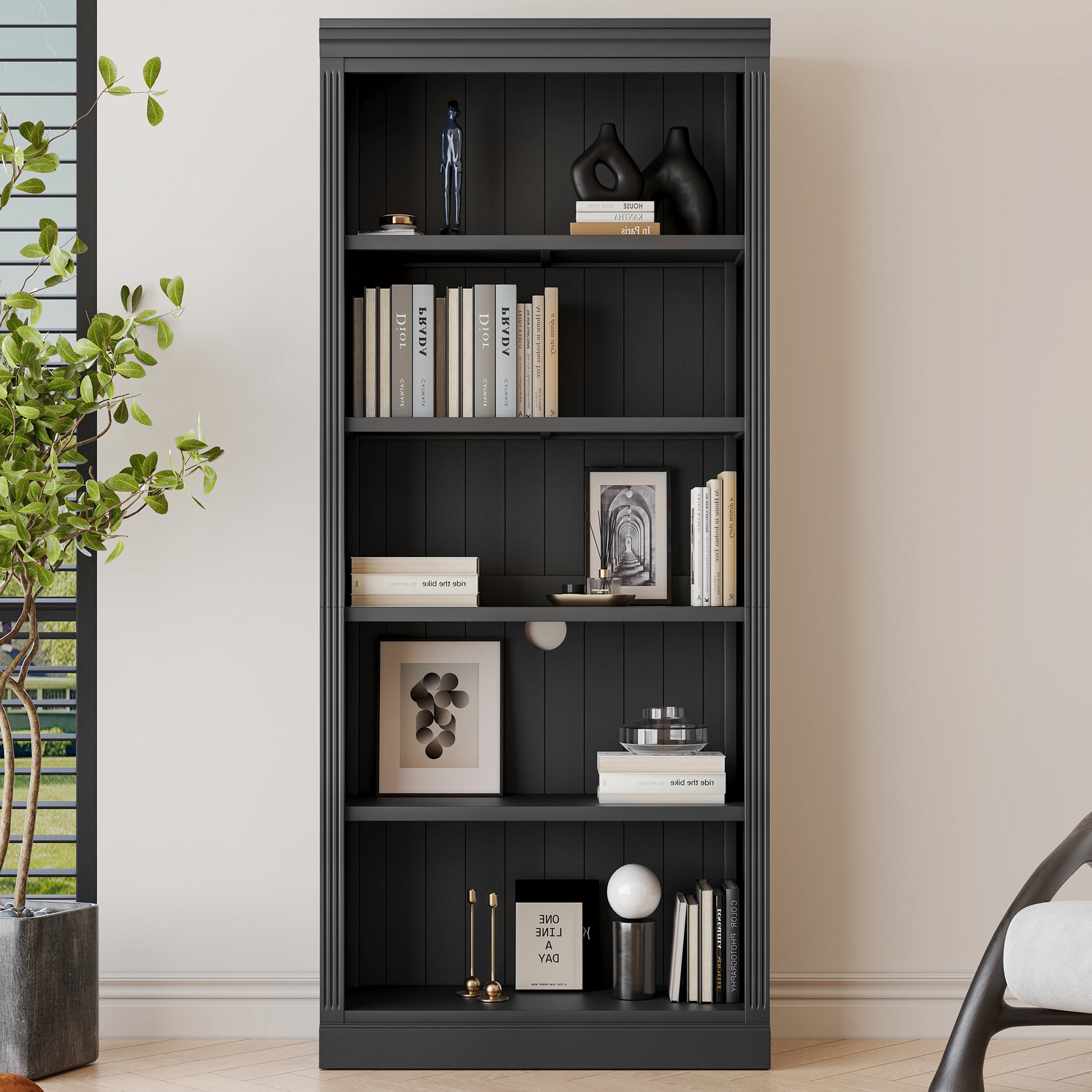 83" Tall Wood Bookcase Suite ,5 Tier Home Decor Bookcase Suite With Adjustable Shelves,Storage Organizer For Cds Books Movies,Free Standing Storage Shelves Suite For Living Room,Office,Black Black Solid Wood Mdf