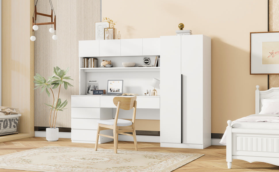 2 Door Wooden Storage Desk Wardrobe For Bedroom With Shelves And Drawers, White White Mdf Lvl