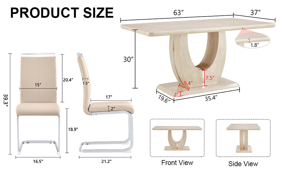 Table And Chair Set.Modern Minimalist Luxury Mdf Rectangular Dining Table With Light Yellow Textured Stickers On The Table, 4 Pu Synthetic Leather High Backrest Soft Cushioned Side Chairs. Light Yellow Seats 4 Mdf