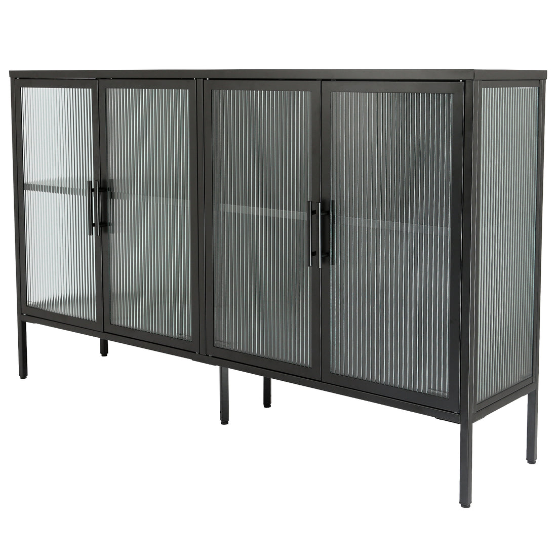 Stylish 4 Door Tempered Glass Cabinet With 4 Glass Doors Adjustable Shelf And Feet Anti Tip Dust Free Fluted Glass Kitchen Credenza Black Black Tempered Glass Sheet Metal Plastic