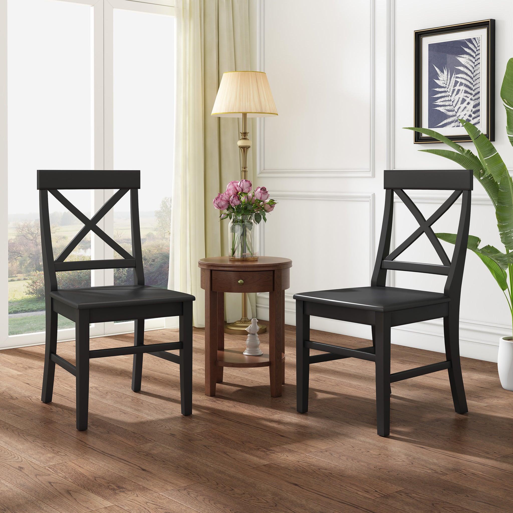 Roshan Farmhouse Acacia Wood Dining Chairs, Black Set Of 2 Black Acacia Wood