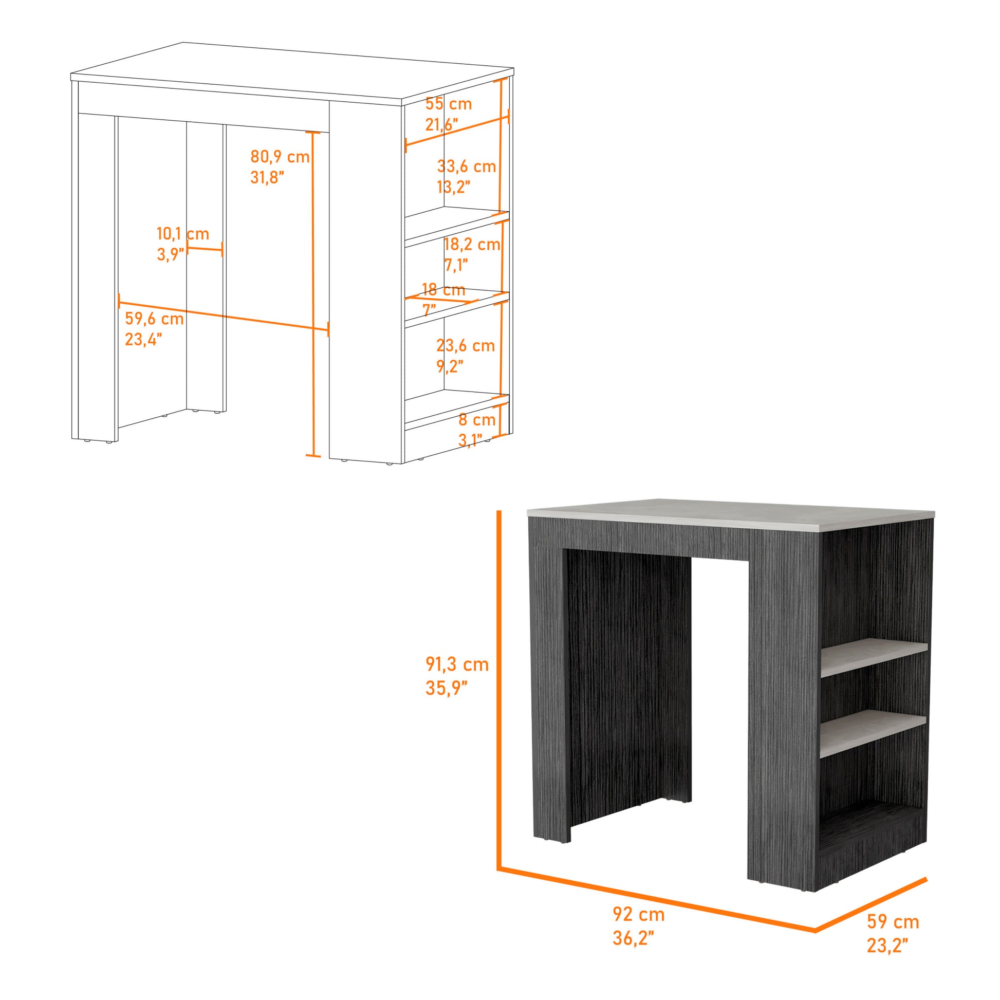 Harlan Kitchen Island, Counter Height Table Top with 3