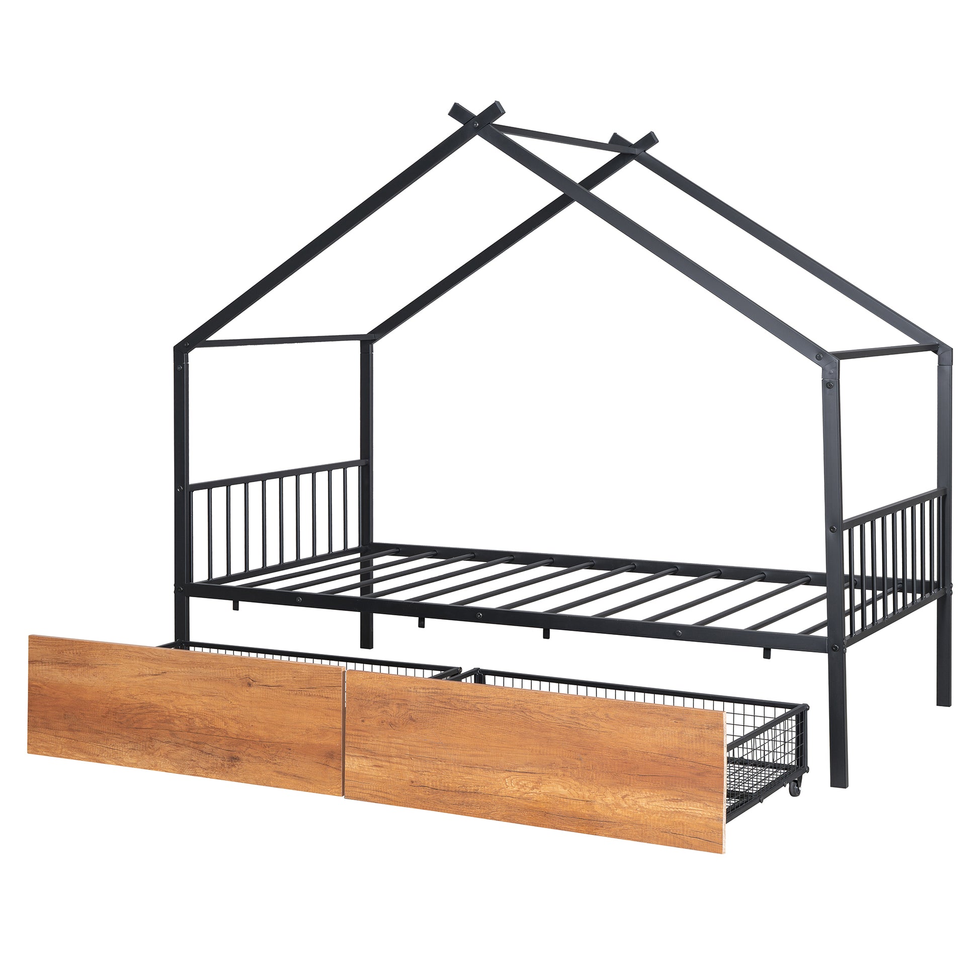 Twin Size Metal House Bed With Two Drawers, Black Twin Black Metal