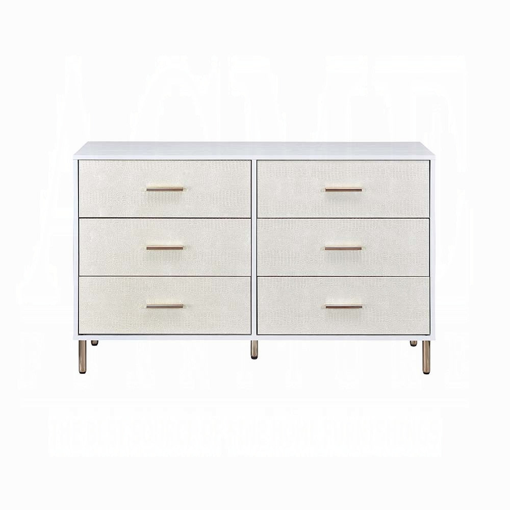 White And Champagne 6 Drawer Dresser White Gold Bedroom Wood Metal