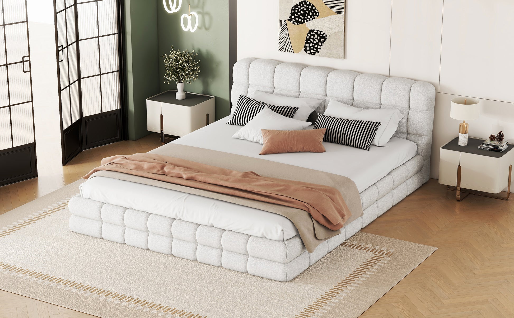 Queen Size Upholstered Platform Bed, White Box Spring Not Required Queen White Wood Bedroom Bed Frame Upholstered