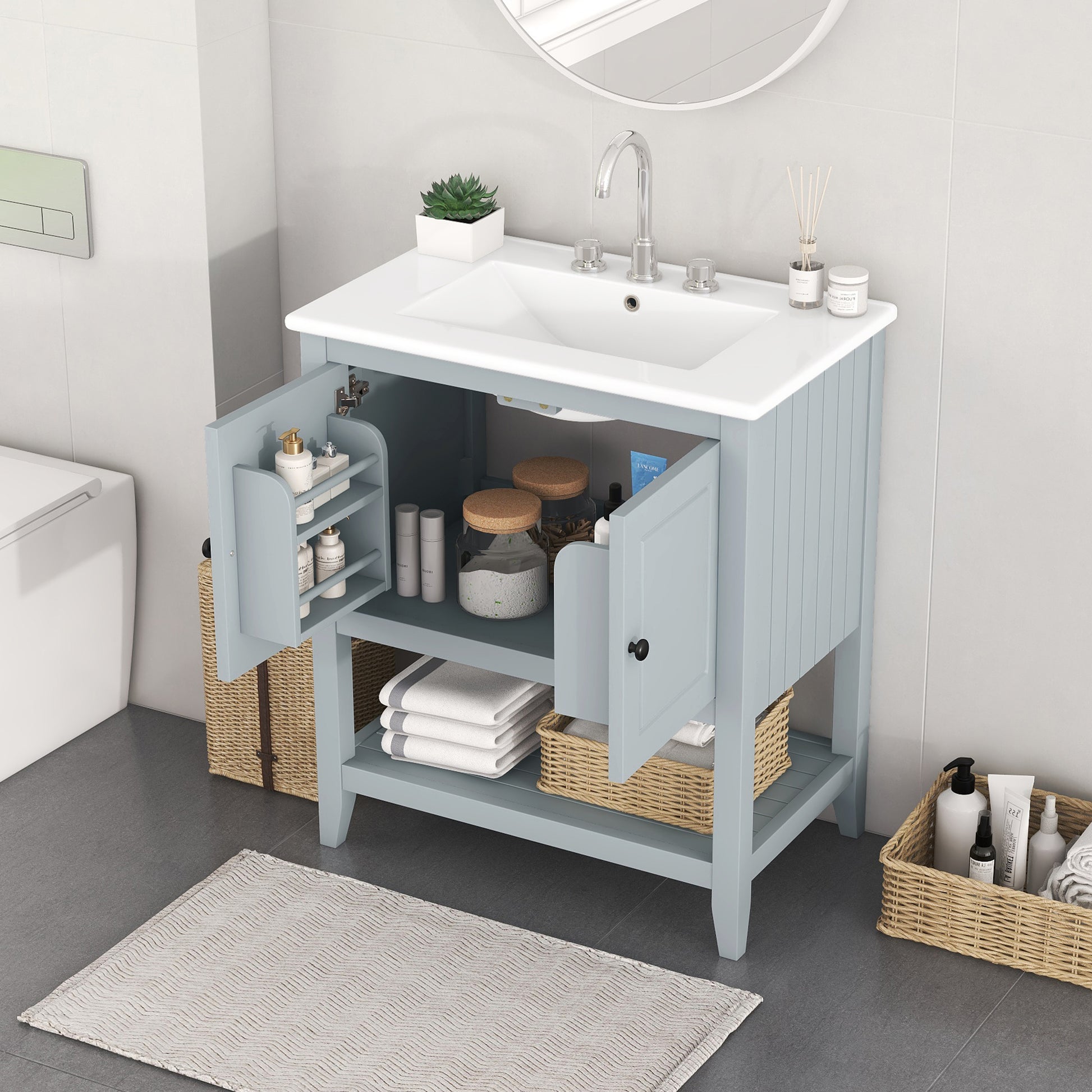 30" Gray Modern Sleek Bathroom Vanity Elegant Ceramic Sink With Solid Wood Frame Open Style Shelf & Door Shelf Design Gray Solid Wood