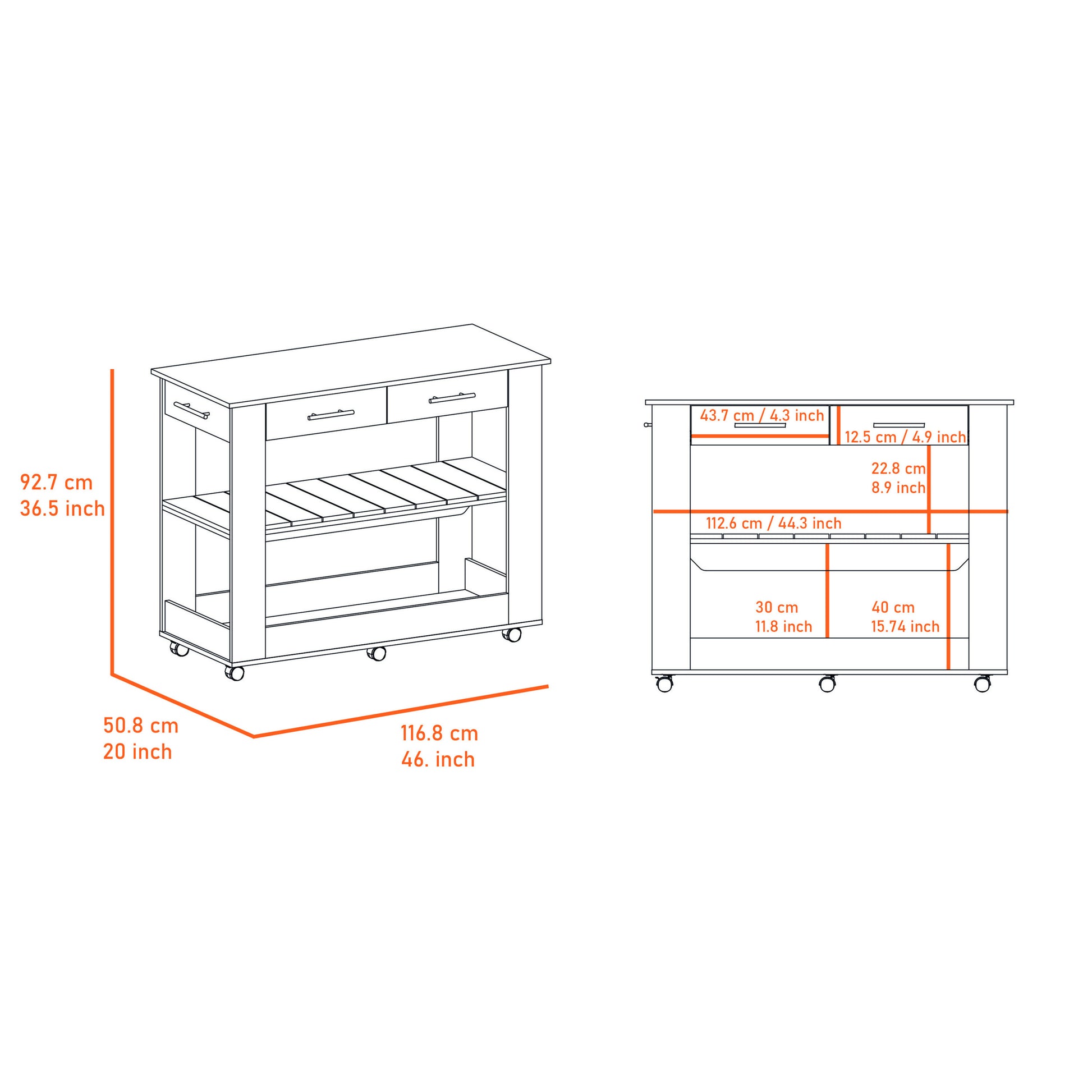 Brooklyn 46 Kitchen Island, Two Shelves, Two Drawers Multicolor Kitchen Contemporary Rectangular Kitchen Carts Melamine Engineered Wood Medium 40 55In