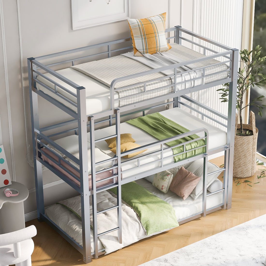 Metal Twin Size Triple Bunk Bed, Silver Old Sku: Sm000230Aan 1 Box Spring Not Required Twin Silver Metal Bedroom Metal