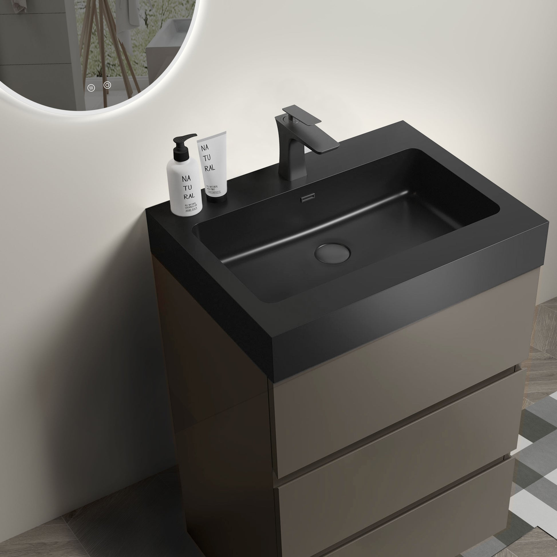 Alice 24" Gray Bathroom Vanity With Sink, Large Storage Freestanding Bathroom Vanity For Modern Bathroom, One Piece Black Sink Basin Without Drain And Faucet, Pre Assembled Black Gray Melamine