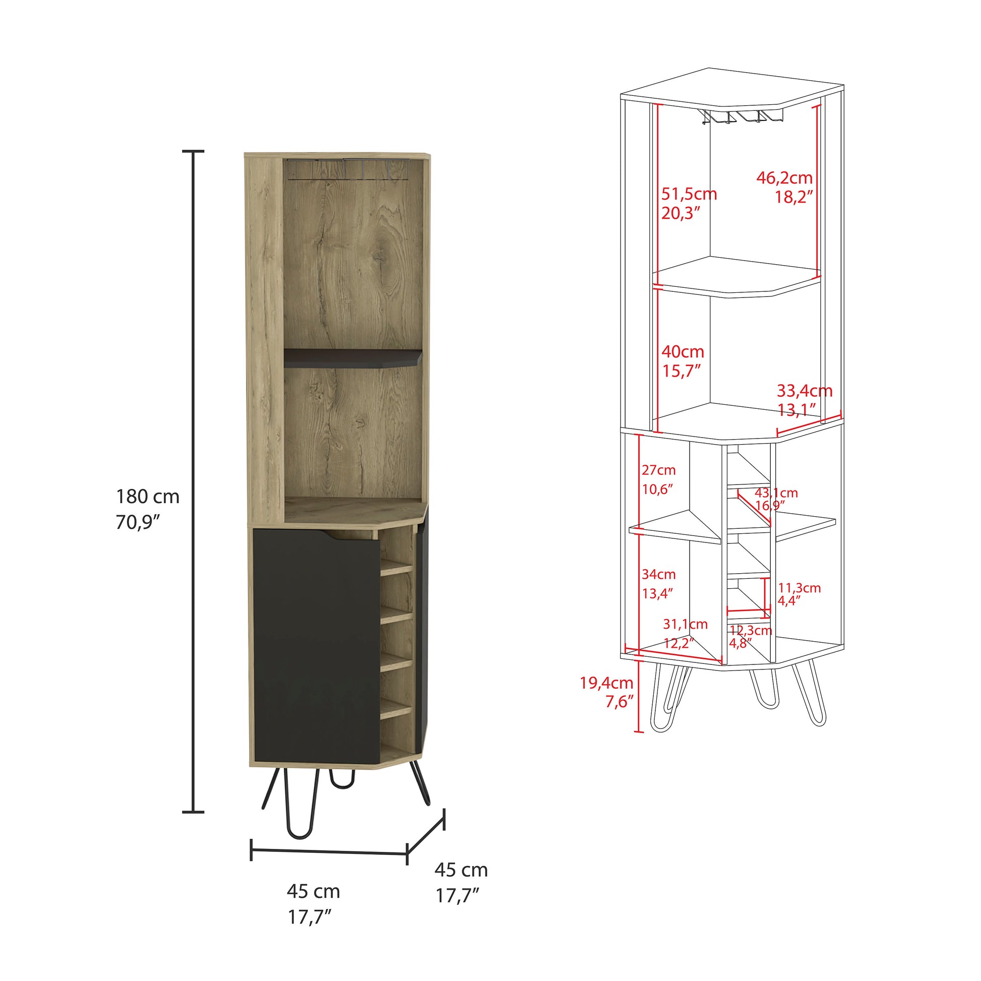 Audra Corner Bar Cabinet Six Built In Wine Rack, Two Shelves, Four Shelves With Door Macadamia Black Black Dark Walnut Dining Room Modern Shelves Included Particle Board