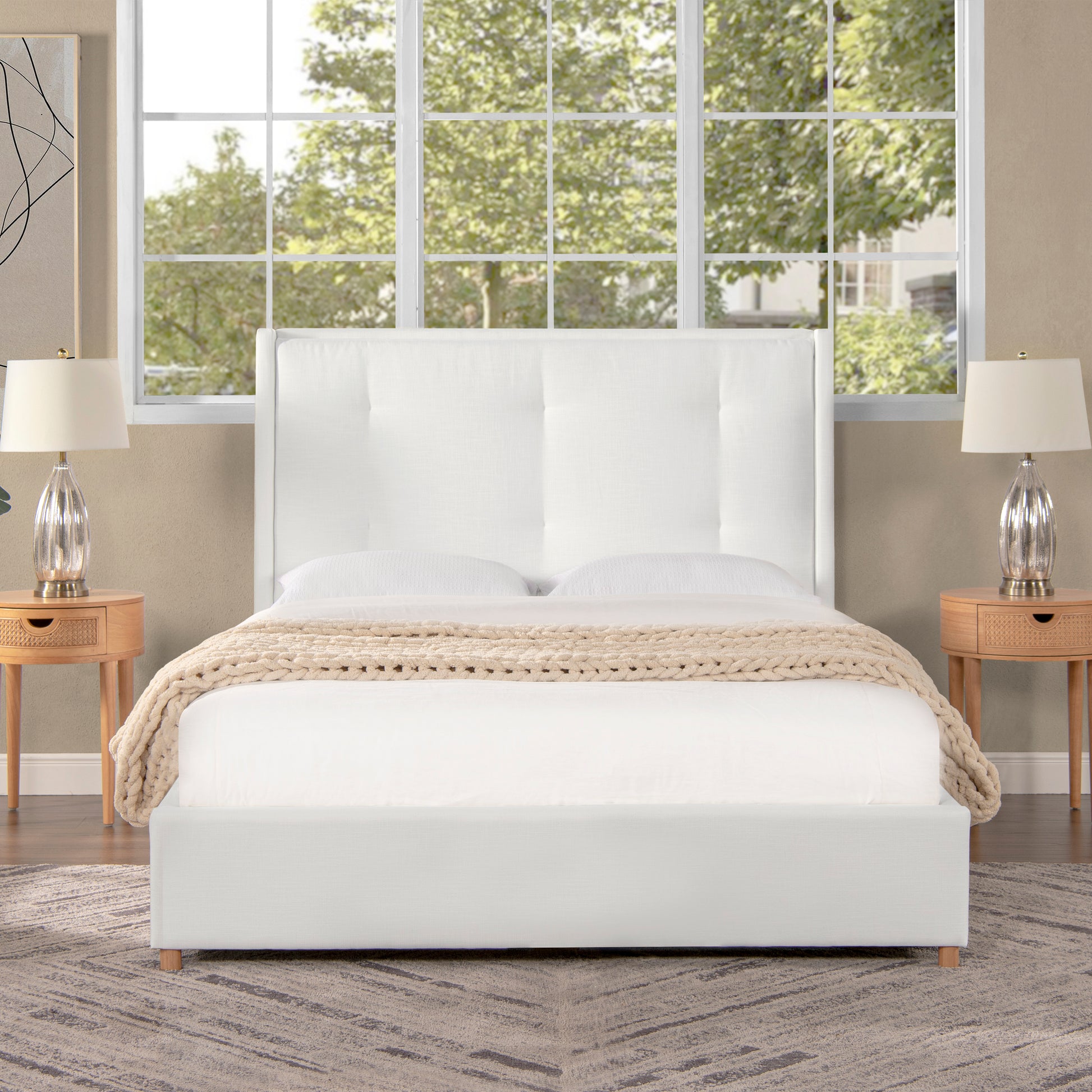 Miramar Queen Cushion Back Headboard Platform Bed Frame, Antique White Polyester Box Spring Not Required Queen Antique White Wood Foam Polyester Polyester