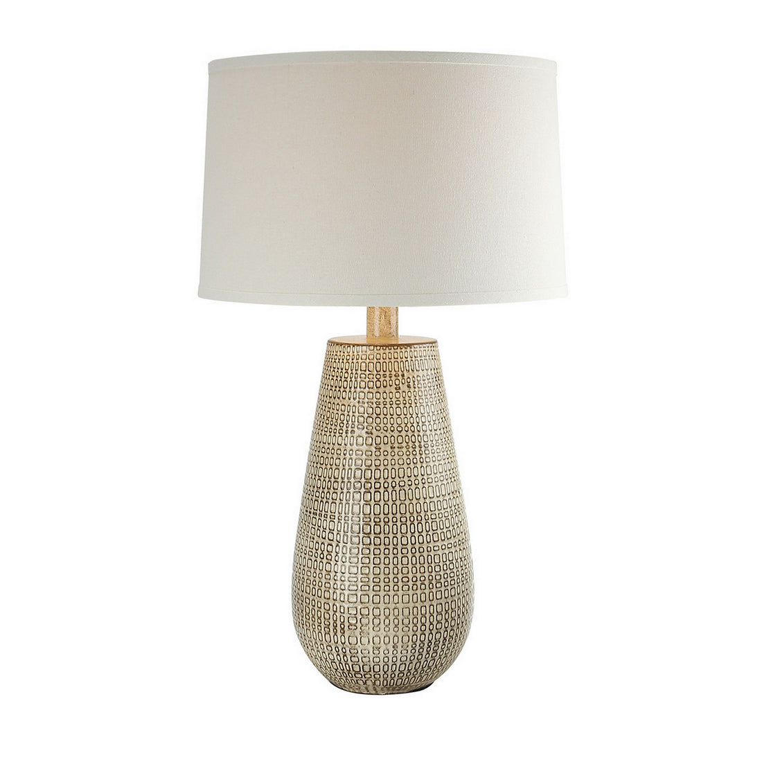 28 Inch Hydrocal Table Lamp, Drum Shade, Curved Geometric Base, Brown Brown White Fabric