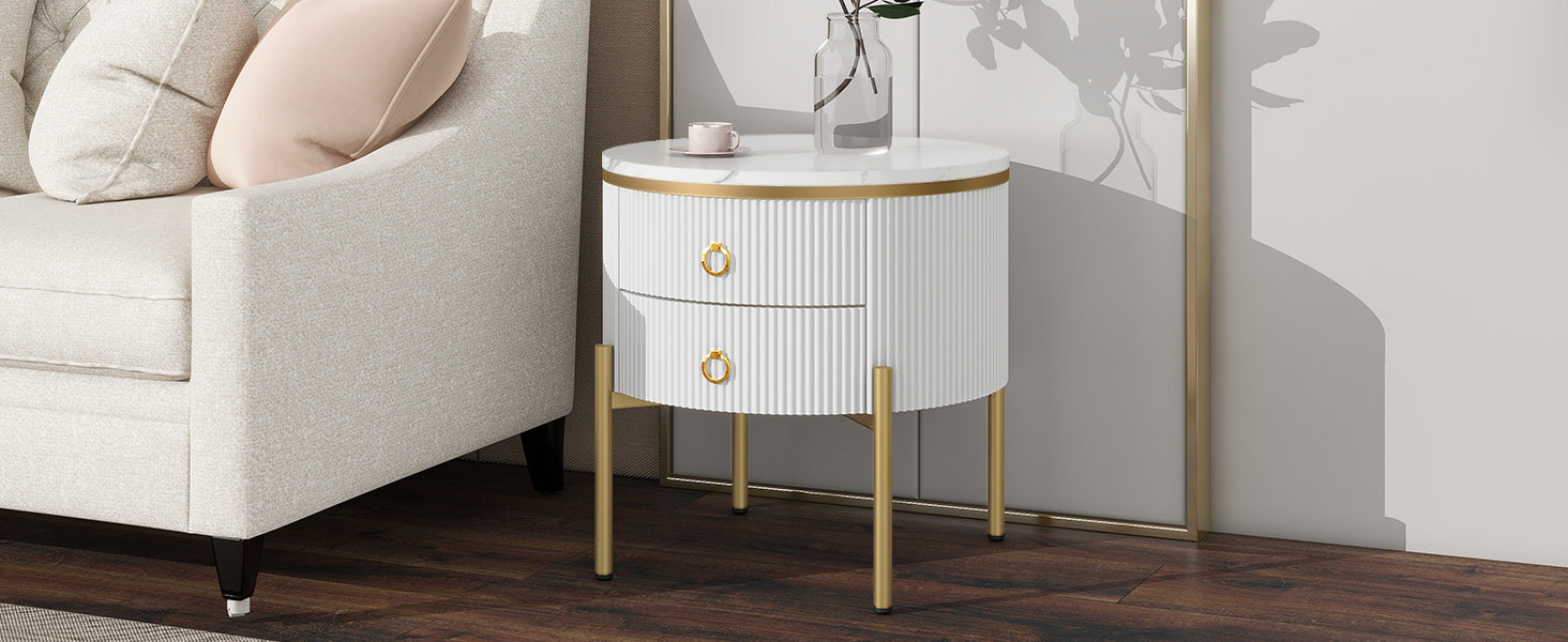 19.6'' Easy Assembly Round End Table With Storage Drawers, Fluted Nightstand With High Gloss Faux Marble Tabletop, Modern Coffee Table With Metal Legs And Handles For Living Room, White White Gold Primary Living Space Drawers Round Mdf Iron