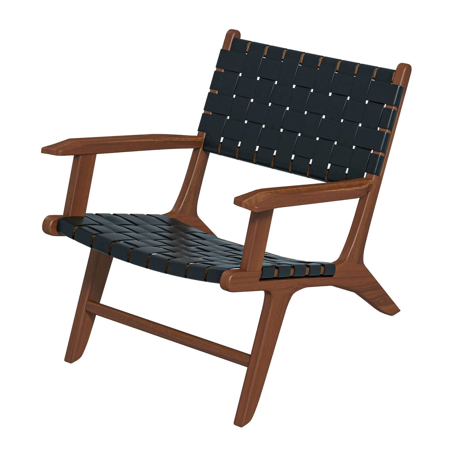 Melody Black Strap Leather Teak Wood Lounge Chair Black Leather