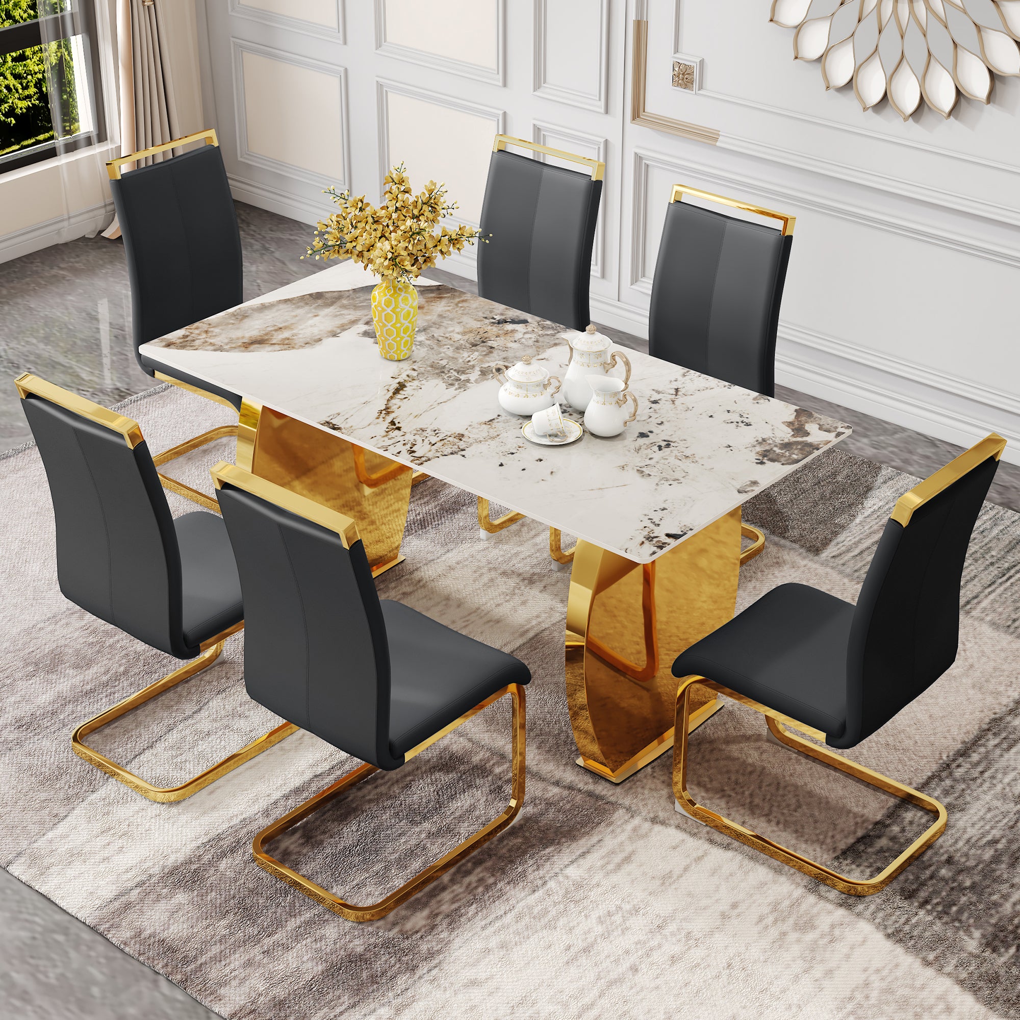 Table And Chair Set, Rock Plate Table Top, Gold Metal Table Legs, Stable And Beautiful, Suitable For Most Home Styles. Modern Simple Dining Table, Comfortable Seating. Grey Gold Seats 6 Sintered Stone