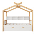 White Twin Size Wooden House Bed With Original Wood Colored Frame Twin Size Trundle And Bookshelf Storage Space For Children Or Guest Room Twin White Wood