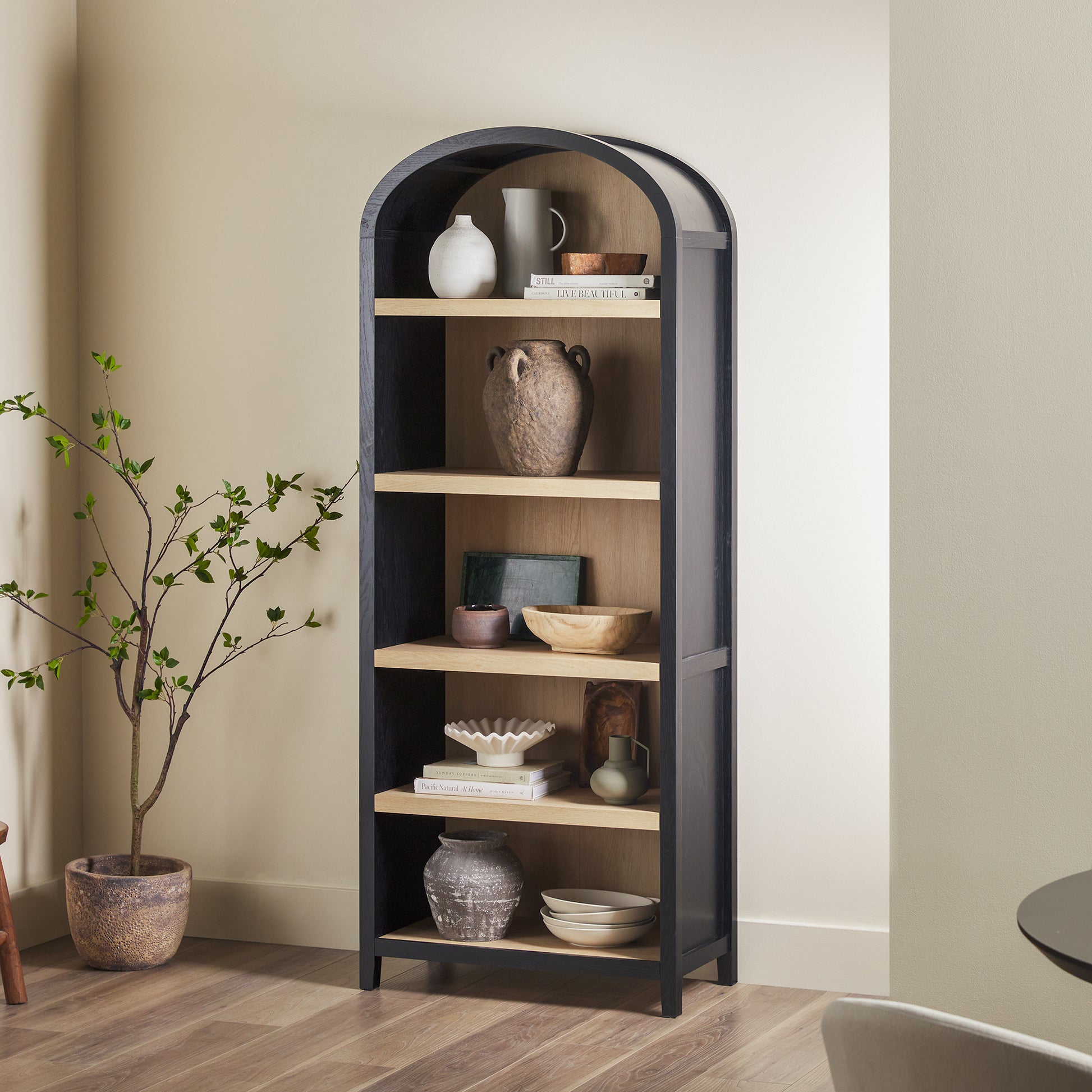 Modern 5 Shelf Open Arched Bookshelf Black Black Mdf Mdf