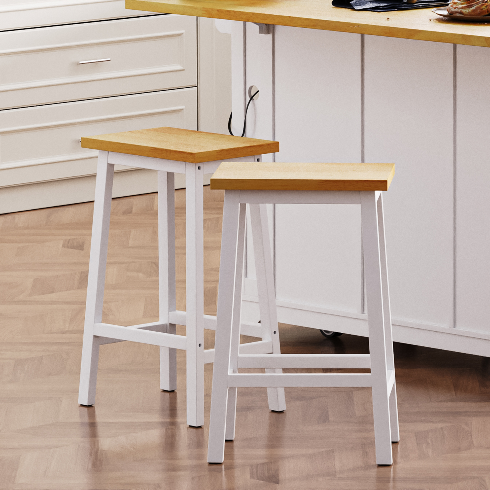 K&K Solid Wood Bar Stools Not Cheap Iron , 25.6" Tall Set Of 2 Bar Chairs, Kitchen Counter Stools With Footrests, Farmhouse Stools For Dining Room, Kitchen, Counter, White White Kitchen Pine Solid