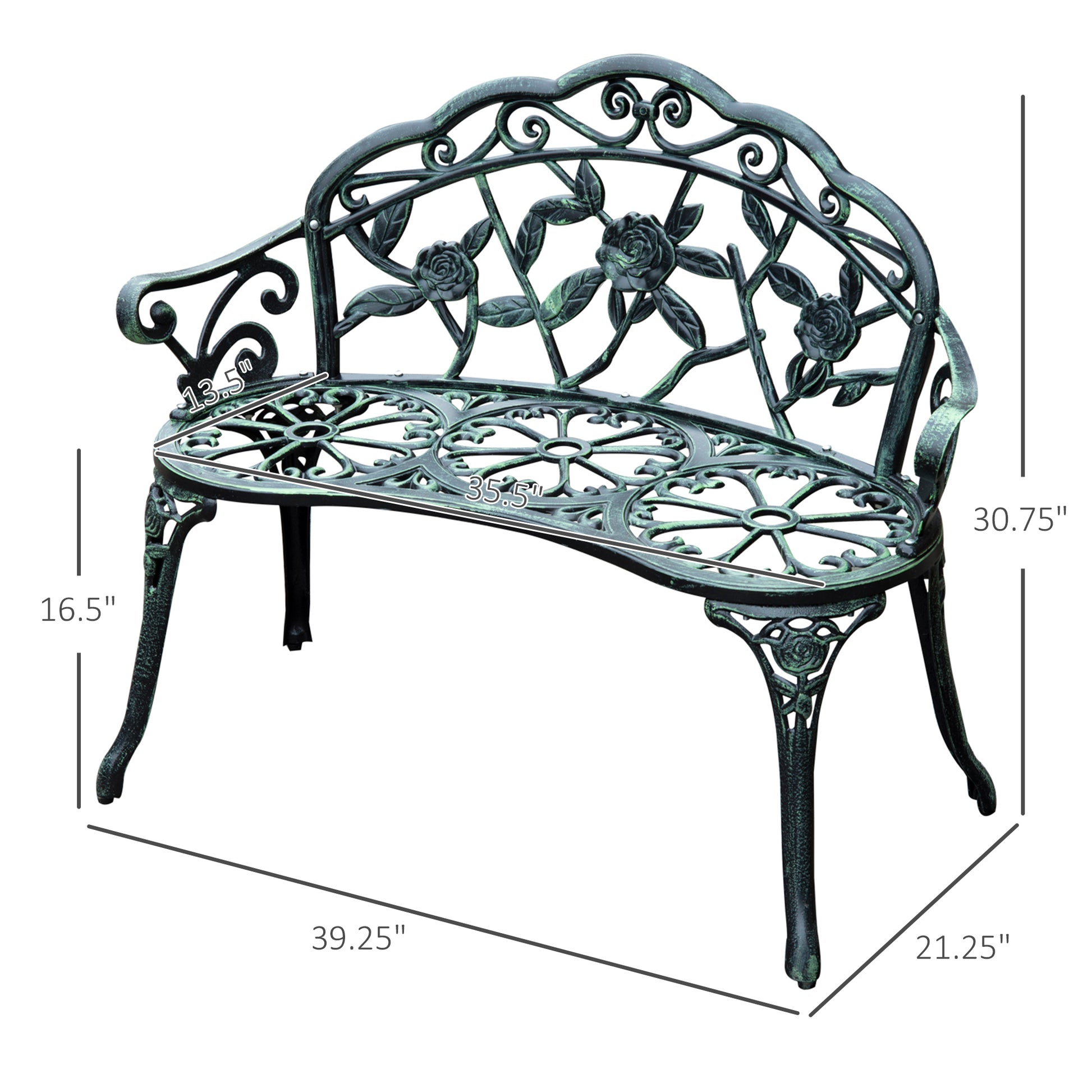 Outsunny Outdoor Bench, Cast Aluminum Outdoor Furniture, Metal Bench With Floral Rose Accent & Antique Finish, Green Green Aluminum