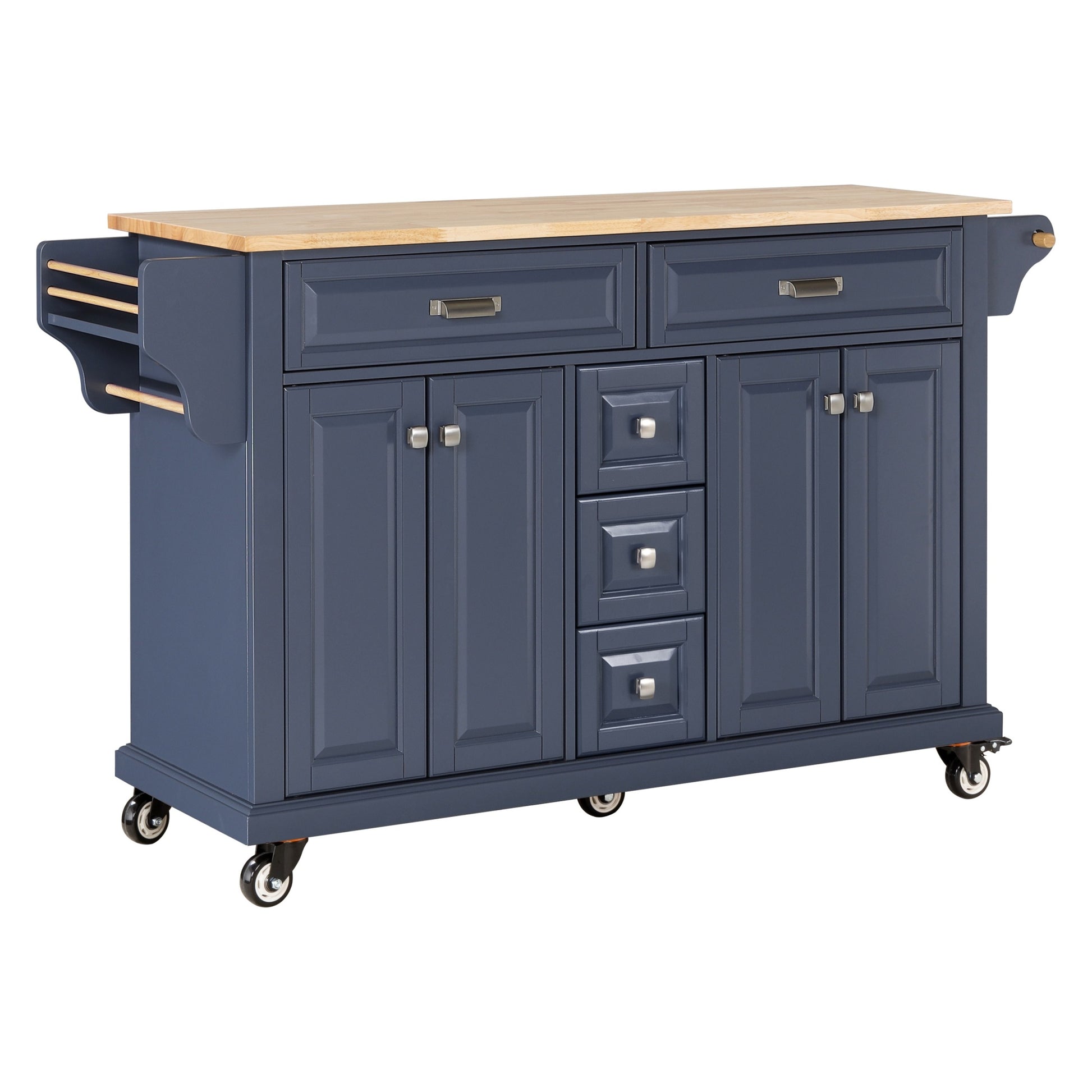 Kitchen Island With Rubber Wood Countertop, Kitchen Cart On 5 Wheels With Storage Cabinet And 5 Drawers For Dinning Room, Blue Blue Dining Room Rectangular Rubberwood Solid Wood Mdf Large 56 In