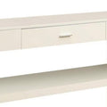 Stub 47 Inch Sofa Console Table, Glossy White Wood, Glass Panels, 1 Drawer White Wood