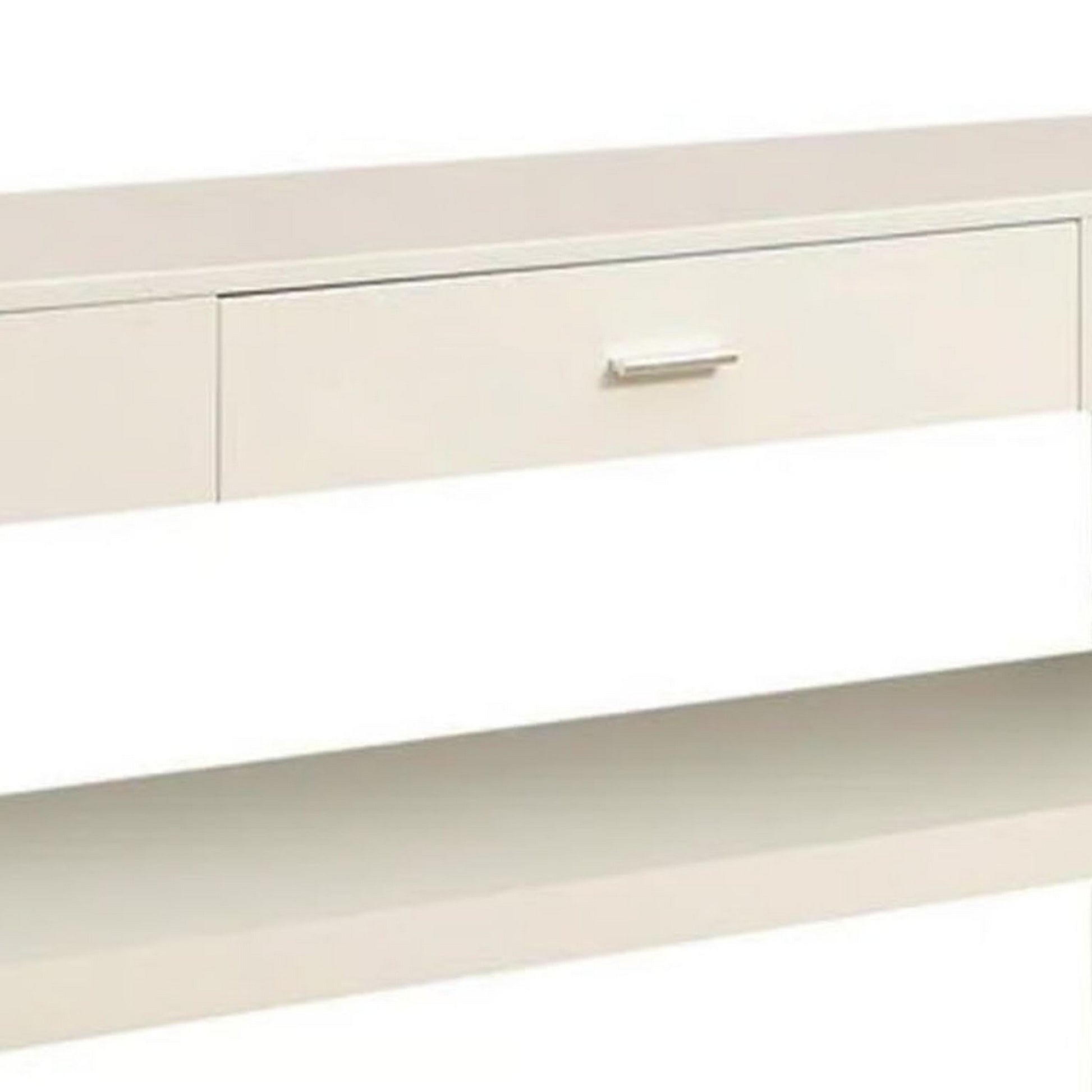 Stub 47 Inch Sofa Console Table, Glossy White Wood, Glass Panels, 1 Drawer White Wood