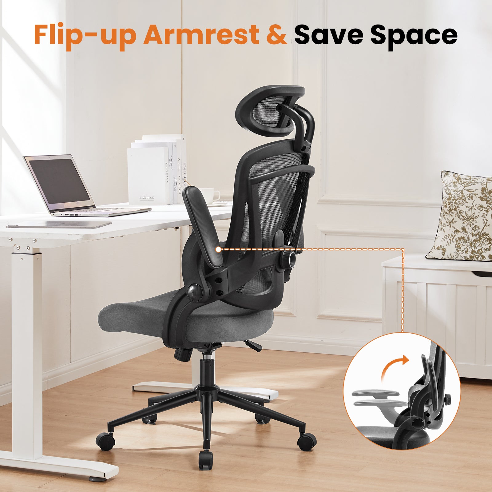 High Back Desk Chair With Adjustable Lumbar Support & Headrest,Comfortable Mesh Computer Chair With Soft Flip Up Arms, Adjustable Height And 120 Tilt,Gray Gray Abs Pc