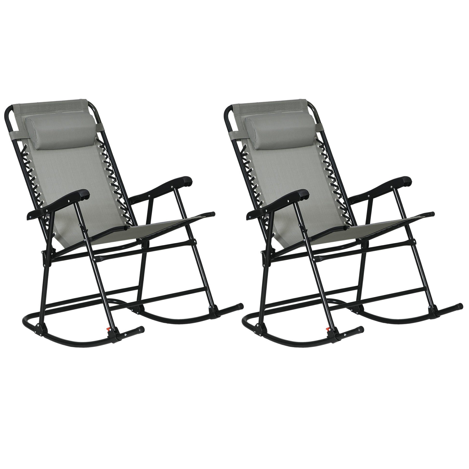 Outsunny 2 Piece Outdoor Rocking Chair Set, Patio Folding Lawn Rocker Set With Headrests For Yard, Patio, Deck, Backyard, Gray Grey Steel