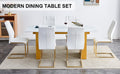 Table And Chair Set.Large Modern Rectangular Table With 0.4 Inch Patterned Glass Tabletop And Large Mdf Table Legs.Comes With 6 Chairs With Faux Leather Cushioned Seats And Golden Metal Legs. Gold White Seats 6 Mdf Glass