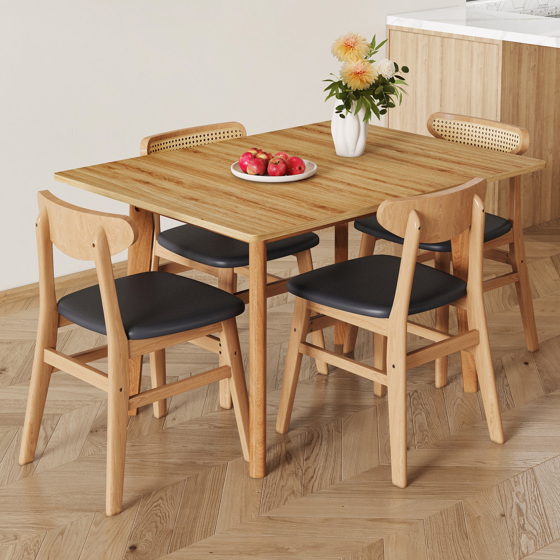 Wood Colored Mdf Desktop With Rubber Wooden Legs, Foldable Computer Desk, Foldable Office Desk, Solid Wood Dining Chair With Small Curved Back And Pu Cushion, Zd 1545 Dx 2361 Wood Seats 4 Wood