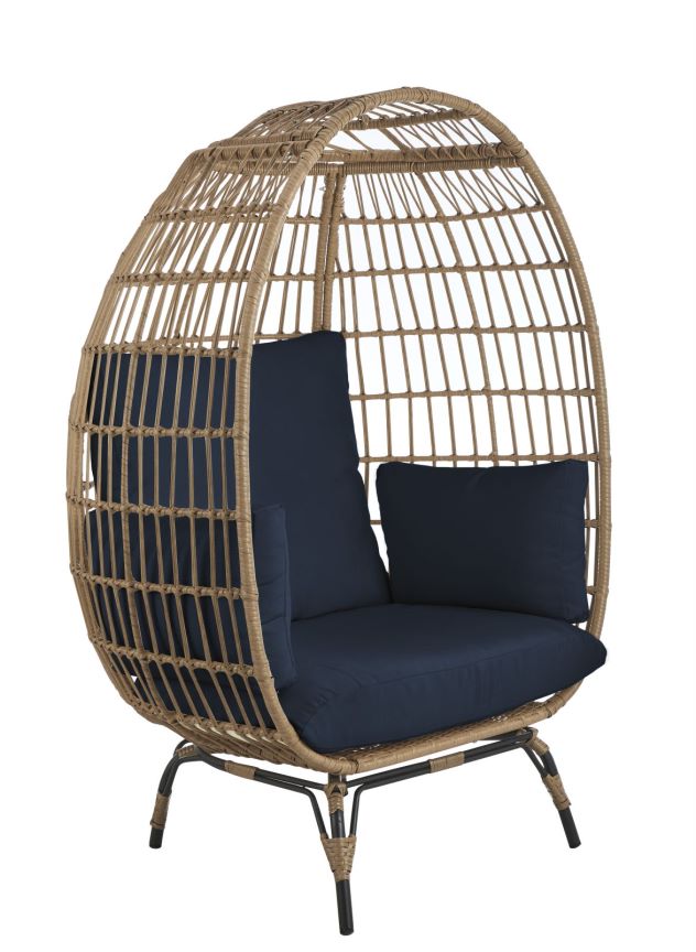 Lucinda Egg Cushions Patio Lounge Chair, Large, Natural Navy Brown Black Pe Rattan Iron