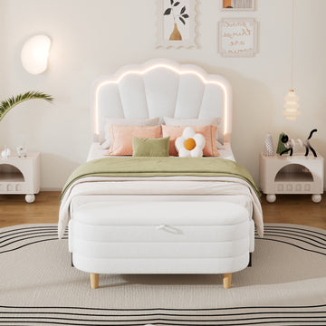 2 Pieces Bedroom Sets Twin Size Flower Shaped Upholstered Led Platform Bed With Storage Ottoman Sherpa Fabric, White Twin White 2 Piece Set Wood