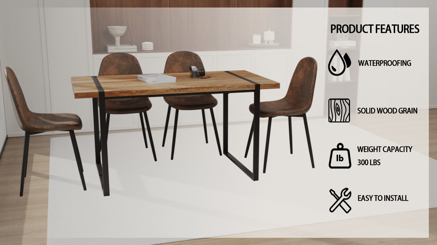 Mdf Natural Wood Dining Table And Modern Dining Chair Set Of 4 Pieces, Medieval Wooden Kitchen Dining Table Set, Black Rectangular Metal Base, Dining Table And Suede Chair Set Wood Mdf