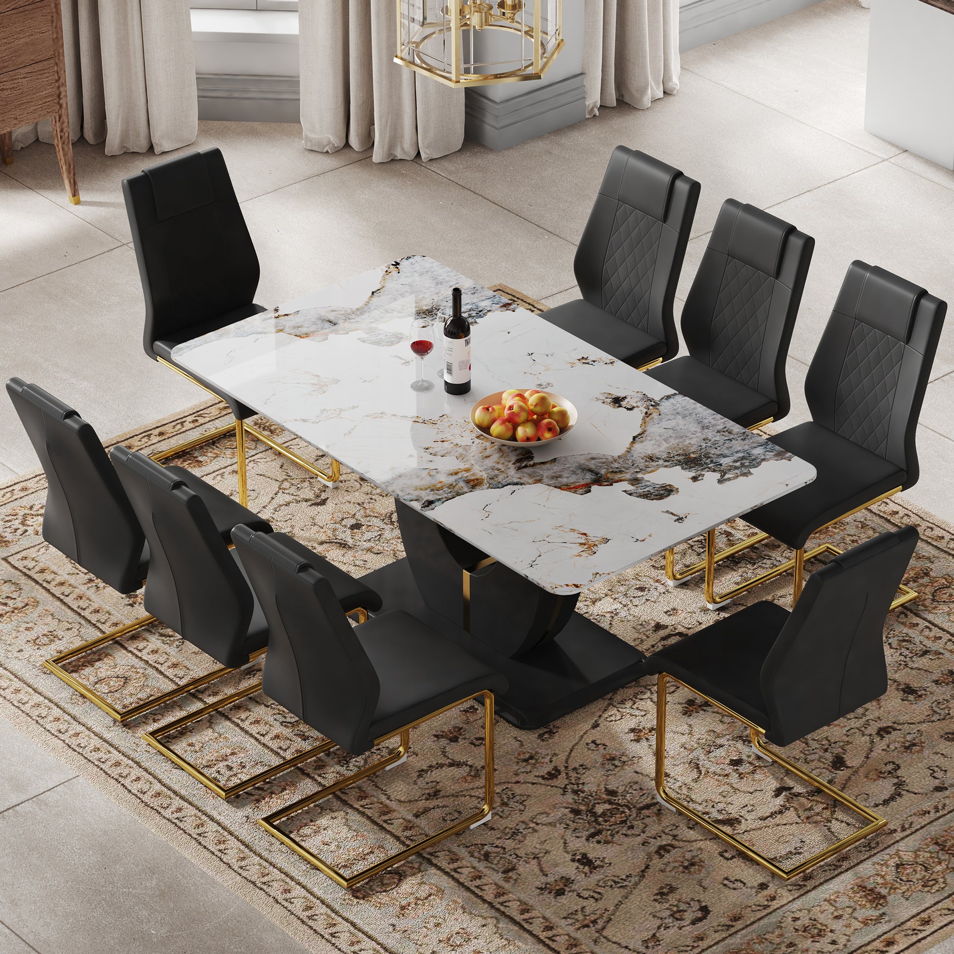 Table And Chair Set, Modern Dining Table, Patterned Table Top And Black Mdf Table Leg, Soft And Comfortable Dining Chair, Perfect For Dinner, Meetings, Home And Office Decor Black Mdf Glass