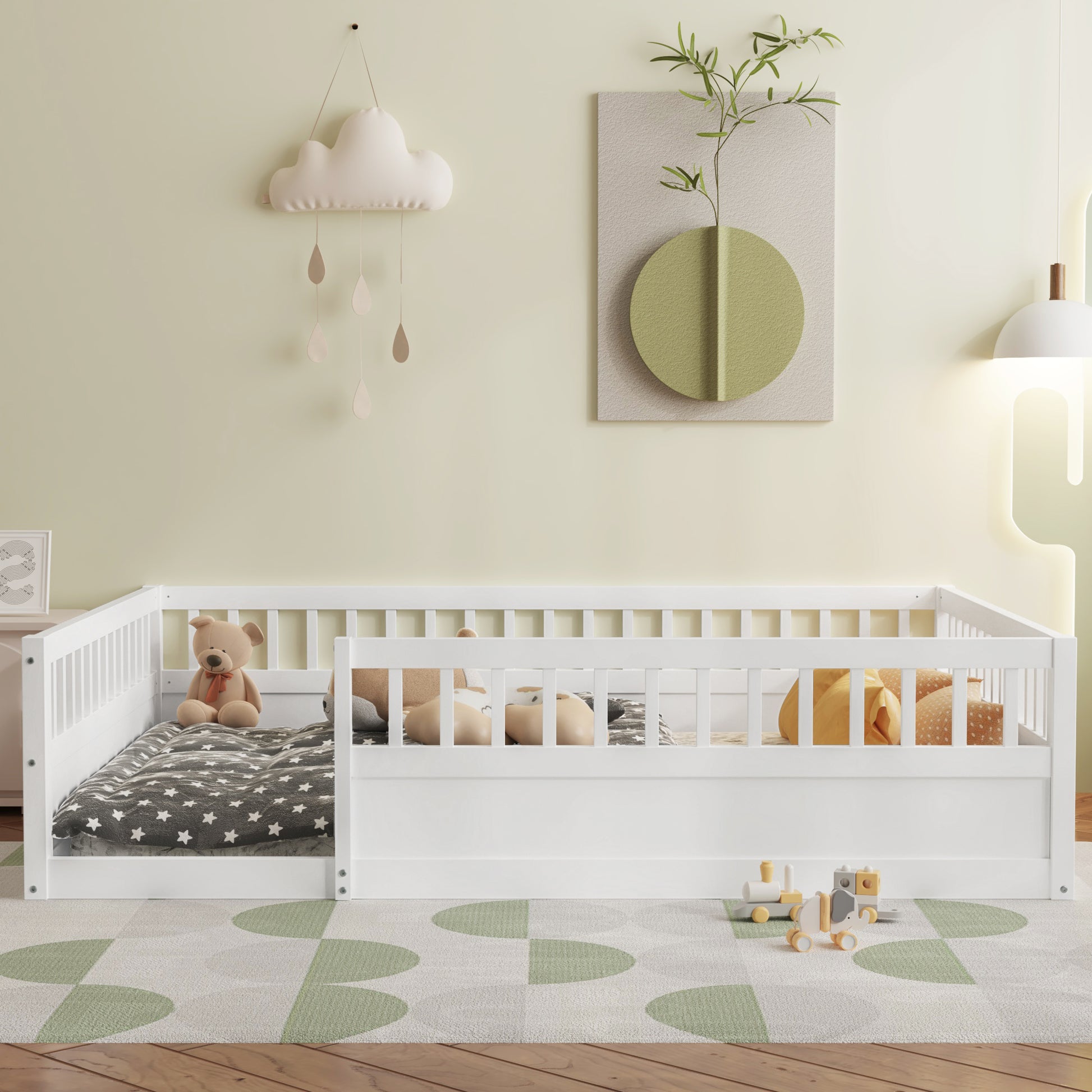 Full Floor Bed Frame With Fence, Wood Kids Floor Beds Frame For Bedroom Playroom,White Expect Arrive Date Jul. 10Th Full White Pine