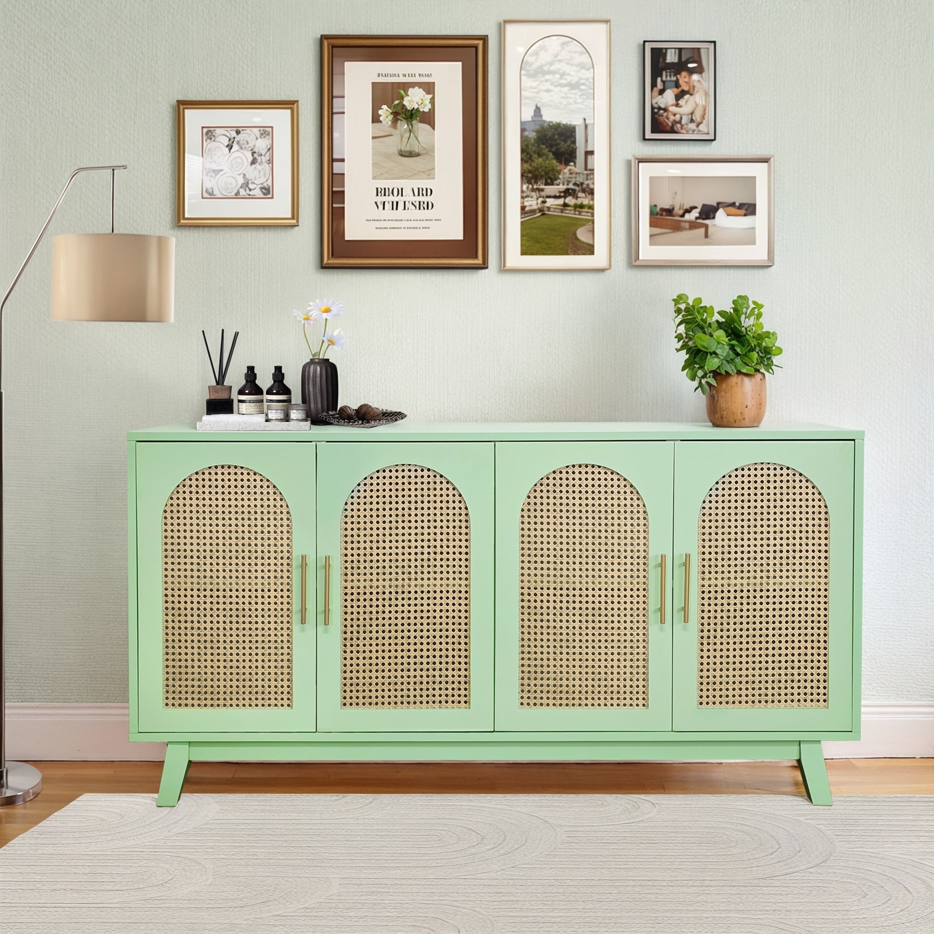 Sideboard Buffet Cabinet With Rattan Doors, Boho 4 Door Cabinet With Metal Handles For Living Room, Hallway, Entryway, Mint Green Mint Green Primary Living Space Mdf