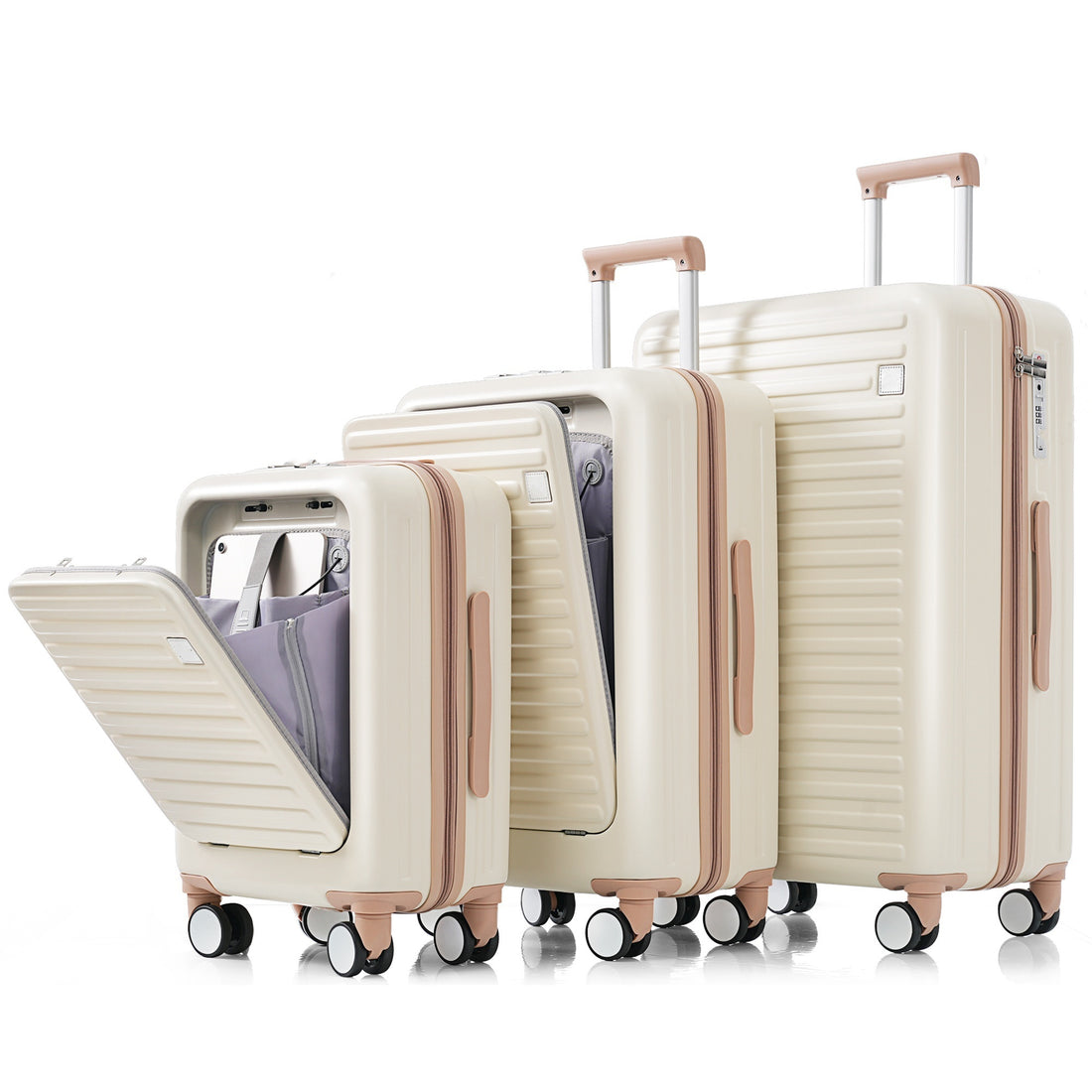 Luggage Set Of 3, 20, 24, 28Inch With Usb Port, 20, 24Inch With Front Opening Design Airline Certified Carry On Luggage With Cup Holder, Abs Hard Shell Luggage With Spinner Wheels, Ivory And Gloden White Abs