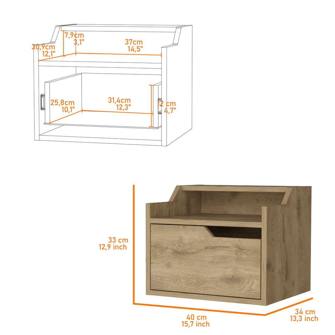 Florence Floating Nightstand With Drawer And Dual Shelf Display Beige 1 Drawer Bedroom Bedside Cabinet Contemporary Storage Melamine Engineered Wood