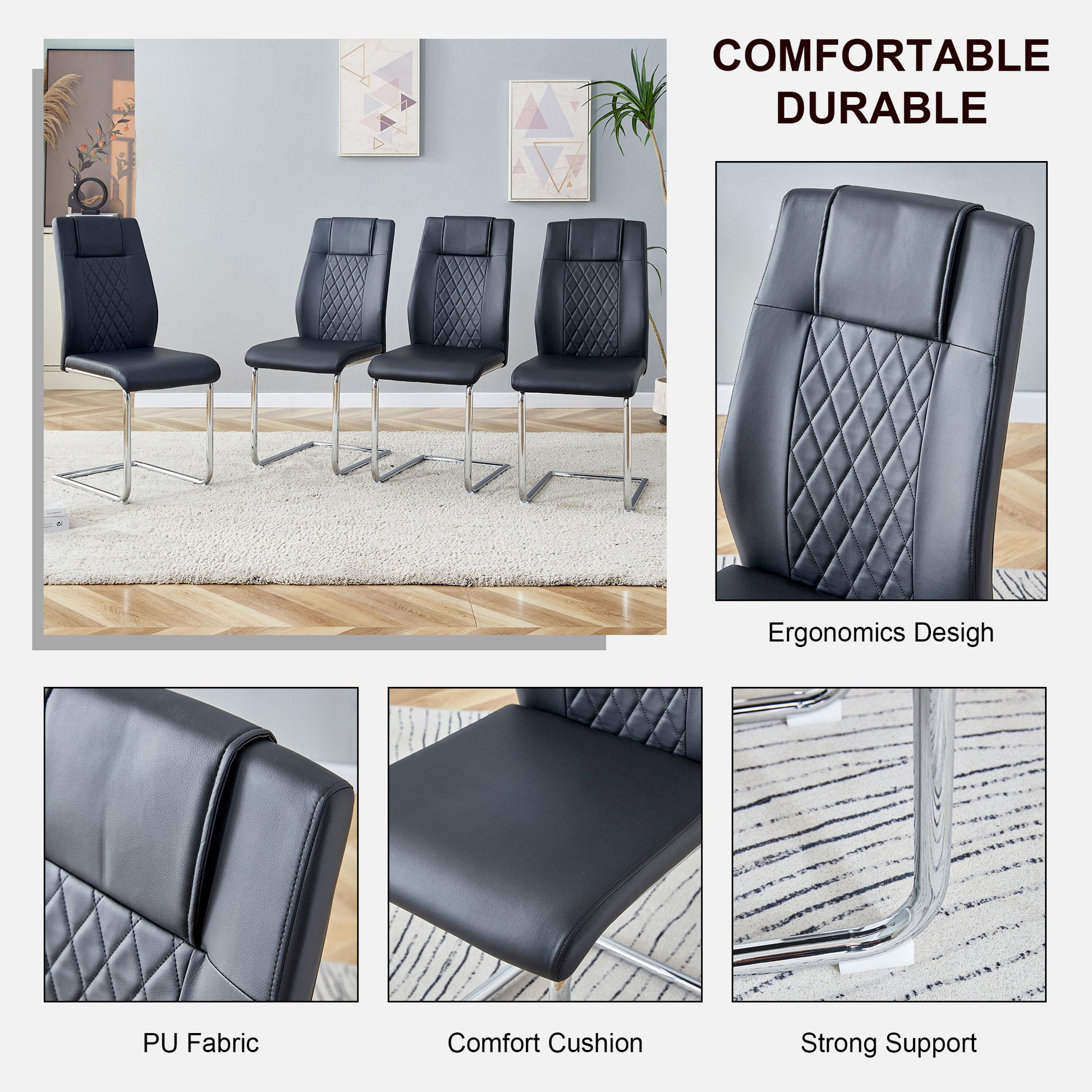 Table And Chair Set. Large Modern Rectangular Table With White Textured Top And Silver Metal Legs. Soft And Comfortable Pu Seats, Faux Leather Upholstered Seats And Sturdy Metal Legs. White Black Mdf Metal