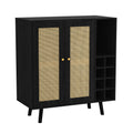 Bohemian Bar Cabinet, Natural Rattan Doors, Removable Wine Rack In Ebony 1 2 Shelves Black Boho,Mid Century Modern Mdf