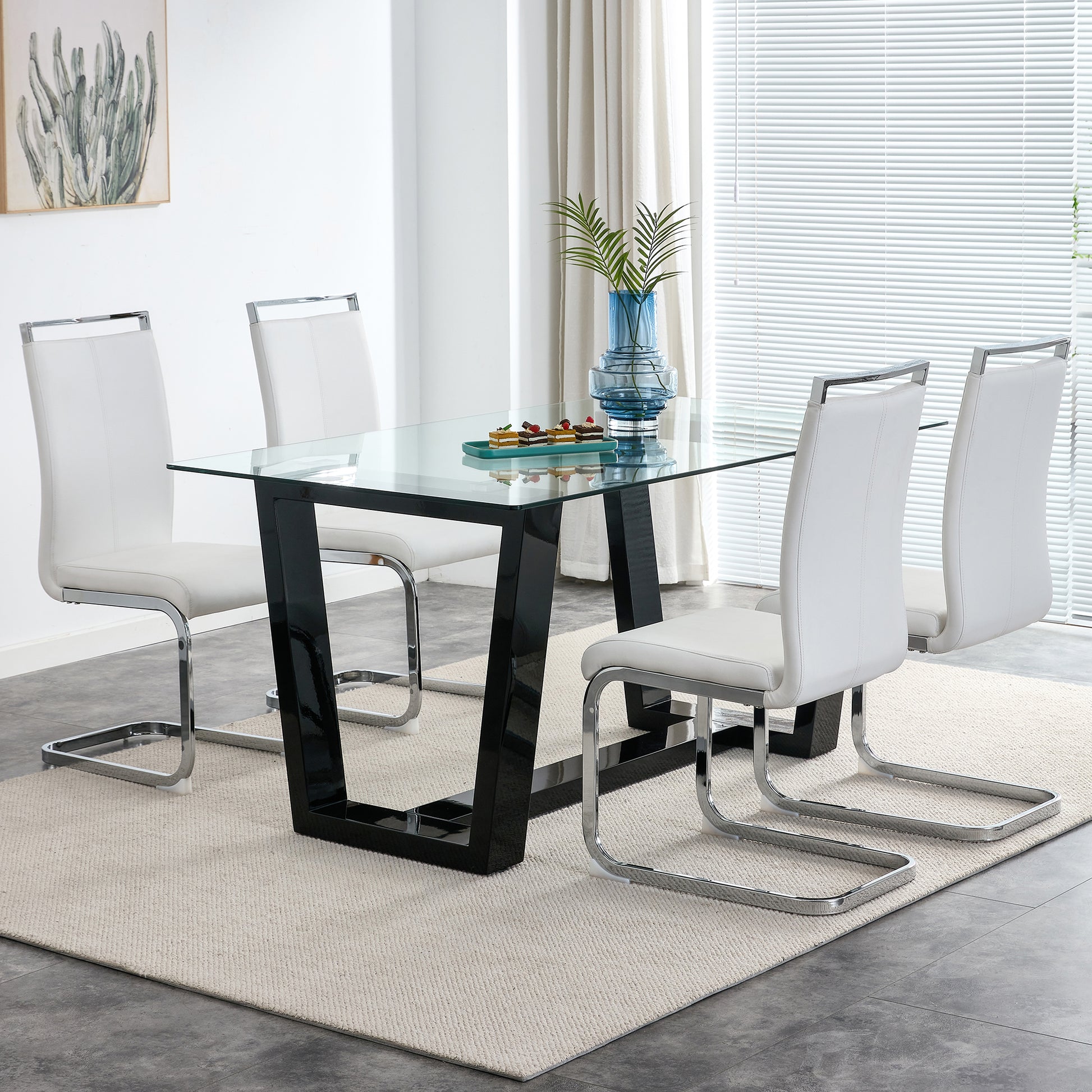 Seating 6 8 People, This Modern, Minimalist Rectangular Dining Table Features A Tempered Glass Top And A Sleek Black Mdf Stand. Suitable For Kitchen, Dining Room, Living Room, Meeting Room Transparent Mdf Glass