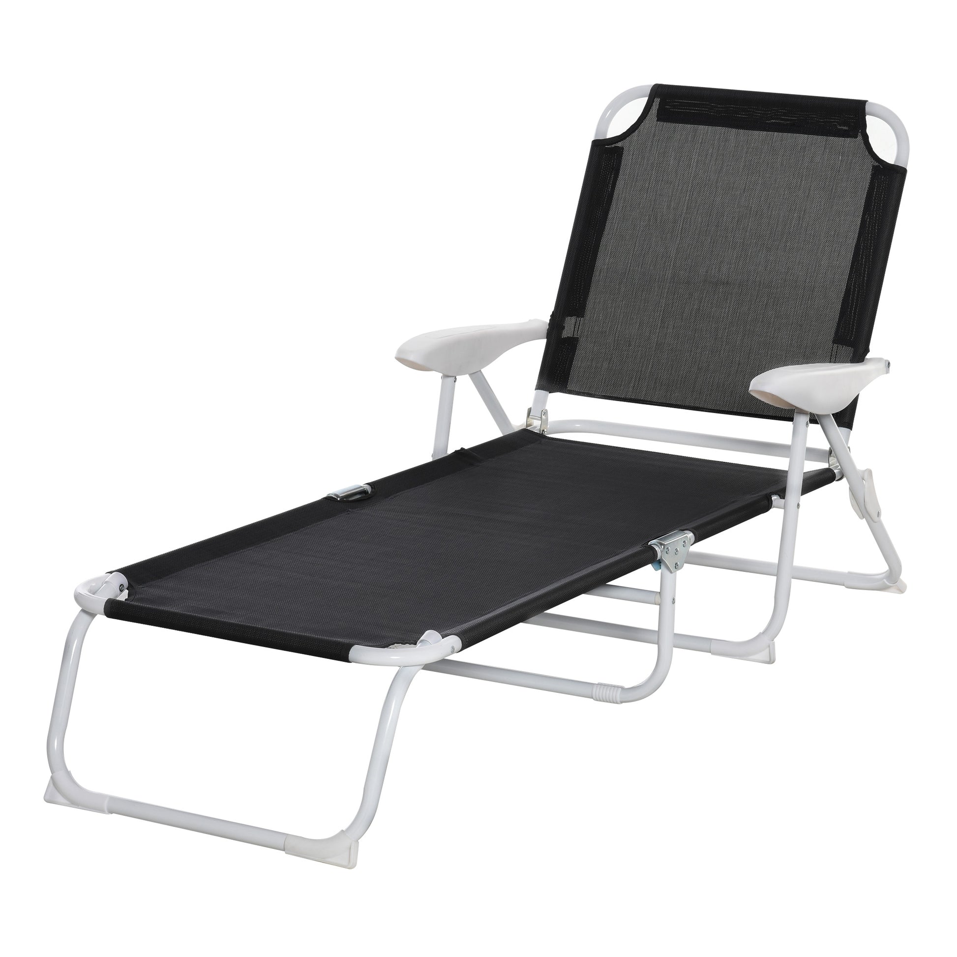 Outsunny Folding Chaise Lounge, Outdoor Sun Tanning Chair, 4 Position Reclining Back, Armrests, Metal Frame And Mesh Fabric For Beach, Yard, Patio, Black Black Metal