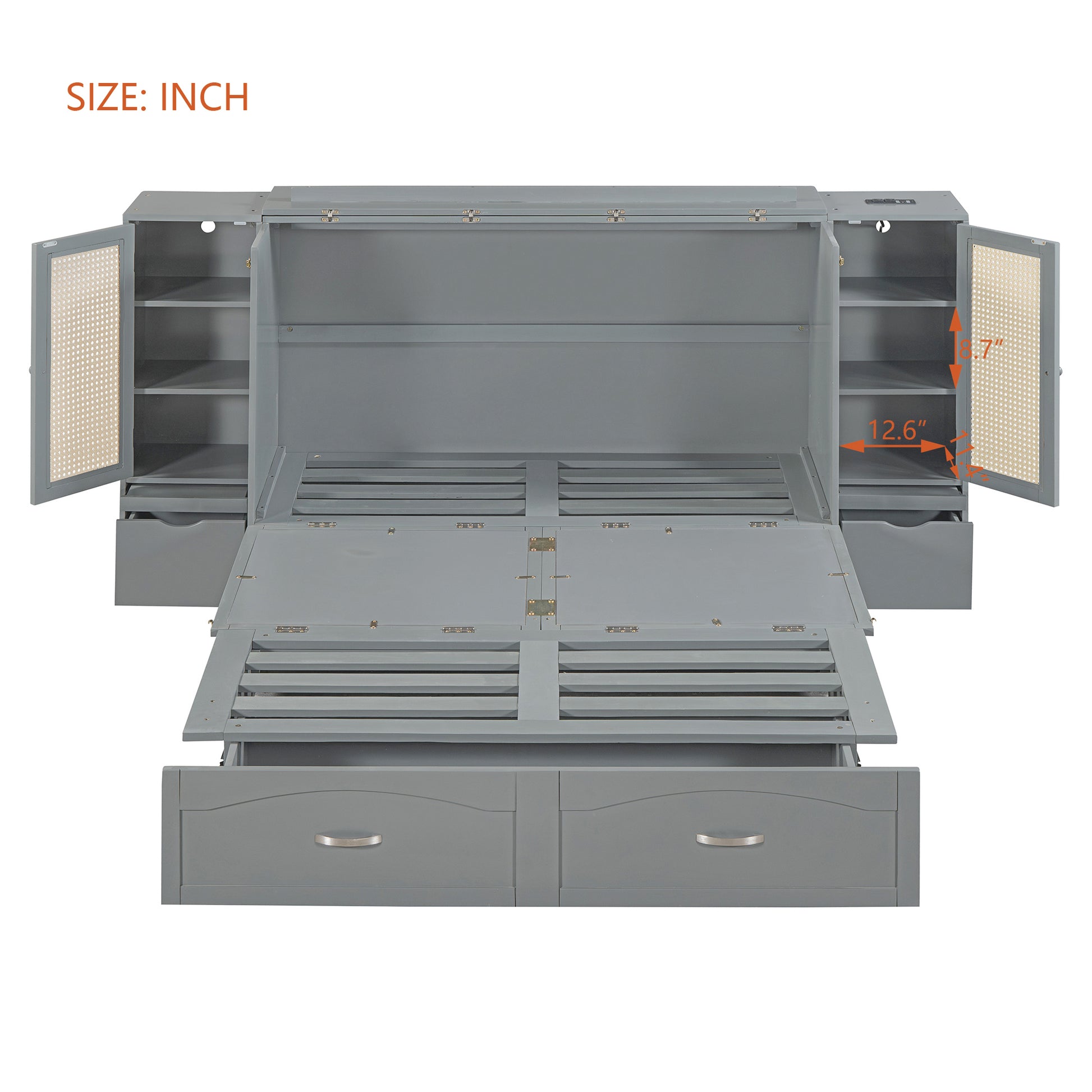 Full Size Murphy Bed Wall Bed With Drawer And Rattan Decoration With 2 Storage Cabinets, One Set Of Sockets & Usb Ports, Pulley Structure Design, Gray Full Gray Plywood