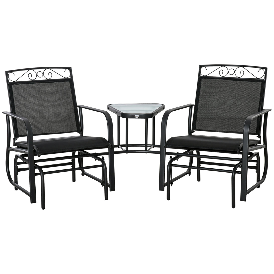 Outsunny Outdoor Glider Chairs With Coffee Table, Patio 2 Seat Rocking Chair Swing Withsling For Backyard, Garden And Porch, Black Black Steel